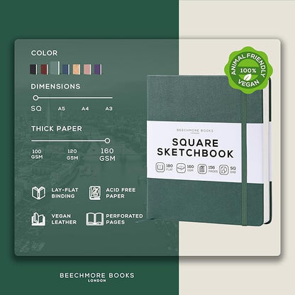 Beechmore Books Square Sketchbook – 8x8 Premium Vegan Leather Bound Large Sketch Book Hardcover with 156 Thick 160gsm Perforated Ivory Pages, Blank Sketch Pad, Gift Boxed Back Pocket, Ribbon Bookmark