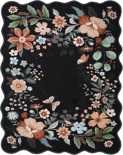 Beeiva Washable Rugs 8x10 for Living Room - Scalloped Floral Printed Soft Non Slip 8 x 10 Area Rug for Dining Room Boho Flower Ultra-Thin Aesthetic Carpet for Kids Room Dorm Office(Black,8x10ft)