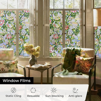 3D Stained Glass Window Film, Decorative Window Privacy Film for Bathroom, Front Door, Home, Sun Blocking Heat Control, Static Cling, Beast Rose 35.4inch x 78.7inch