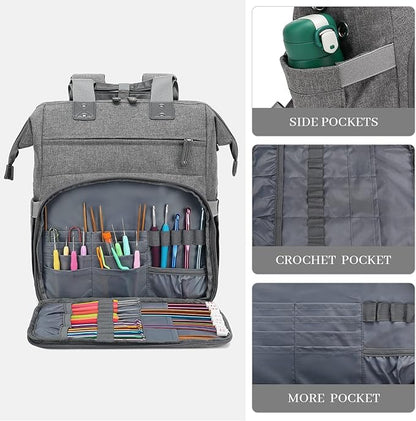 Knitting Bag Backpack Yarn Storage Organizer Travel Bag with USB Charging Port, Large Tote Bag Holder Case for Knitting Needles, Crochet Hooks, Accessories, Grey