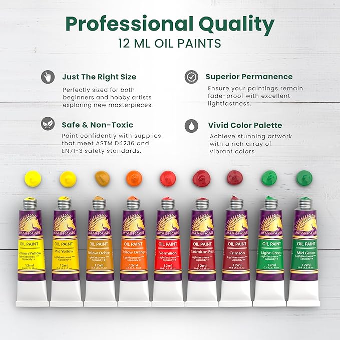MyArtscape Oil Paint Set - 12ml x 24 Tubes - Lightfast - Heavy Body - Oil-based Colors - Great Pigment Load - Artist Quality Painting Supplies - Professional Craft Paints