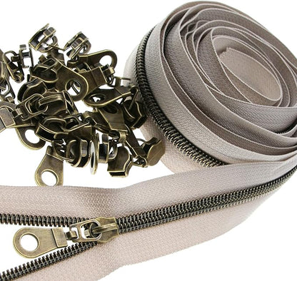 Leekayer #5 Antique Brass Teeth Metallic Nylon Coil Zippers by The Yard Bulk 10 Yards Beige Tape with 25pcs Brass Sliders for DIY Sewing Tailor Craft Bag(Beige)