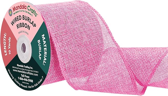 Mandala Crafts Pink Burlap Wired Ribbon 3 Inches Wide Jute Ribbons for Crafts - 10 Yds Roll Rustic Burlap Wrap Trim Ribbons for Wreaths Bows Party Decoration