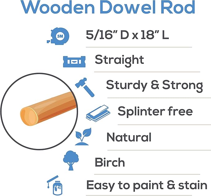 Dowel Rods Wood Sticks Wooden Dowel Rods 5/16 x 18 Inch Unfinished Hardwood Sticks for Crafts and DIYers 250 Pieces by Woodpeckers