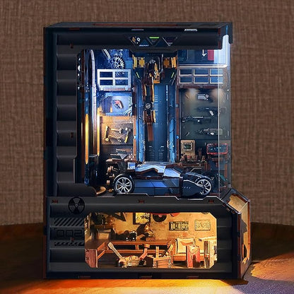 3D Wood Puzzle Book Nook Kit, Automobile Workshop Miniature Bookshelf Insert Décor with LED Lights, DIY Mechanical Model for Display, Unique Craft for Adults and Teens (Automobile Workshop)