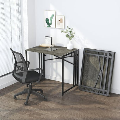 32 inch Small Folding Desk, Writing Gaming Computer Camping Desk for Small Spaces, No Assembly Required Home Office Desk, Black Oak