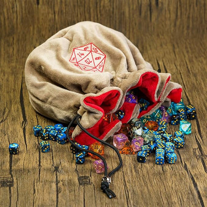 Large Dice Bags D&D with Pockets Khaki Storage Bag D20 Logo for DND RPG Game (with 1lb Random DND Dice)