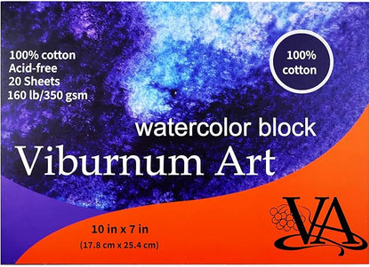 Viburnum Art Cotton Watercolor Paper Pad 160lb/350gsm Cold Press Watercolor Block Watercolor Paper Artist Paper for Adults and Students 20 Sheets 10 x 7 Inches