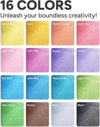 JusArt 16 Colors Glitter Markers, Glitter Paint Pens Sparkly and Shiny for DIY Card Making, Coloring, Scrapbooking, Glass, Wood, Stone, Fabric, Rock - 0.7mm Extra Fine Acrylic Paint Markers