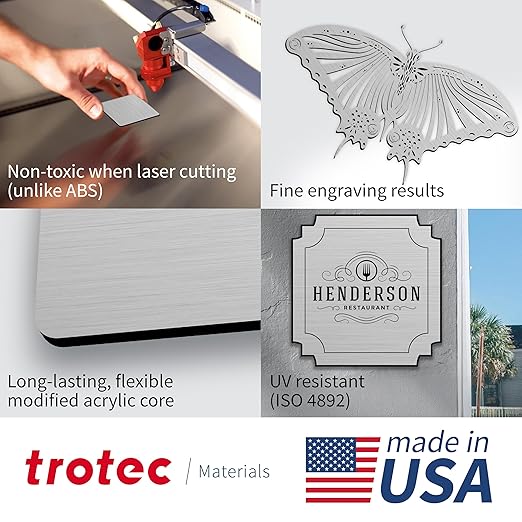 Trotec | Metallic Looking Acrylic Sheet | 12"x20"x1/32, 4 Pcs | Brushed Aluminum/Black | Metallic Finish - Scratch Resistant for Laser Engraving & Cutting,Printing,Glowforge,Name Plate | USA Made