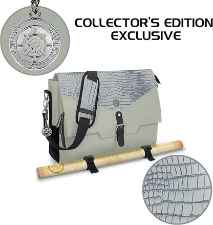 ENHANCE Collector's Edition RPG Player's Essentials DnD Bag - Dragon Hide Exterior Messenger Bag Fits 2-4 Books, Binders, Dice & Accessories, with 17 inch Laptop Slot, Battlemap Straps (Dragon Silver)