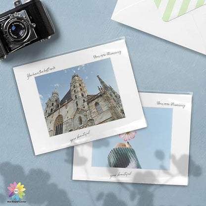 Mat Board Center, Pack of 50, 11x14 for 8x10 White Picture Mat Sets - Acid Free, 4-ply Thickness, Bevel Pre-Cut White Core - Includes Backing Boards and Clear Bags - for Pictures, Photos, Framing
