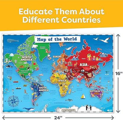 World Map Poster & Map of the United States For Kids - 2pc Set - 24” x 16” USA & World Map For Kids Waterproof Classroom Posters Must Haves - Classroom Decor Educational Posters For Toddlers 1-3