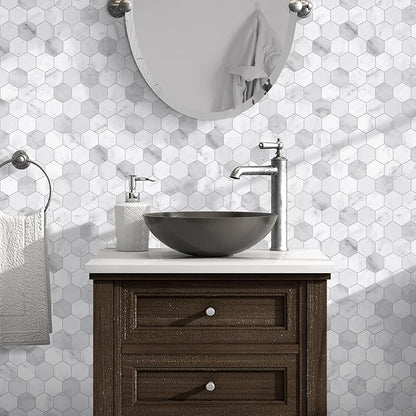 The Tiles Plaza 10-Sheet Peel and Stick Backsplash, Carrara White Hexagon Stone Composite Marble Looks Self Adhesive Wall Tile, Stick On Tiles for Kitchen Bathroom Shower, Cover 9 Sq Ft.