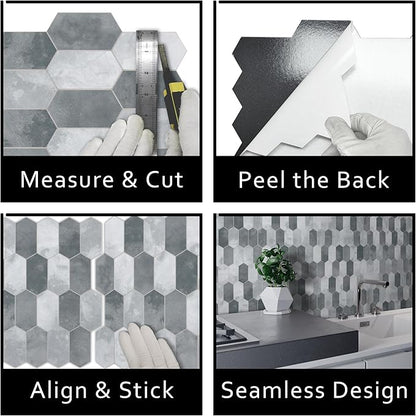 The Tiles Plaza 10-Sheet Peel and Stick Backsplash, Grey Cement Long Hexagon Self Adhesive Wall Tile, Stone Composite Stick On Decorative Mosaic Tile for Kitchen Bathroom Fireplace