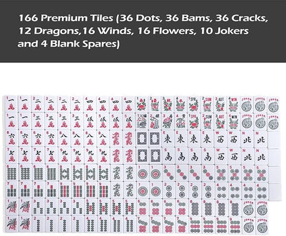 American Mahjong Game Set, 166 White Tiles, 4 All-in-One Color Rack/Pushers, Complete Mahjong Tile Set, Printed Carrying Bag