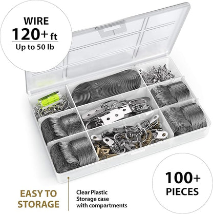 Picture Wire Hanging Kit 100+ Pieces - D-Ring, Screws, Hanging Hooks,Level. Supports up to 50 lbs 120+ Feet(38 M) Stainless Steel Wire Hanger | Comes with Solid Box