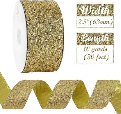 HUIHUANG Gold Glitter Wired Ribbon for Christmas Tree 2.5 inch Gold Diamond Mesh Ribbon for Tree Decoration, Wreaths, Garland, Gift Wrapping, Large Bows Making, Home Decor -10 Yards