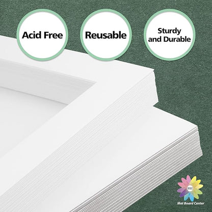 Mat Board Center, Pack of 25, 11x14 for 8x10 White Picture Mat Sets - Acid Free, 4-ply Thickness, Bevel Pre-Cut White Core - Includes Backing Boards and Clear Bags - for Pictures, Photos, Framing