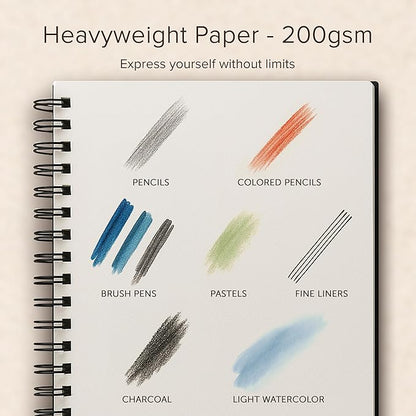 Artist’s Sketchbook Hardcover – 200GSM Very Thick Paper – Large, Spiral Sketch Book for Drawing and Mixed Media – Sketch Pad, Art Book - 11.4 x16.5, 40 Sheets / 80 Pages
