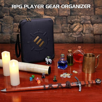 ENHANCE RPG Organizer Case - DnD Binder with Built-in Character Sheet Holder and Erasable Scribe Panel, Dice Rolling Area, Removable Pen Pouch, Miniature Foam Tray, Wrist Strap