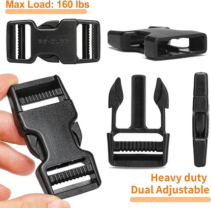 Buckles and Straps Set 1": 6 Yards of Thick Nylon Webbing, 6-Pack Heavy Duty Adjustable Quick Side Release Plastic Buckles, 12 Tri-Glide Slide Clips, Black (1-Inch Combo Set)