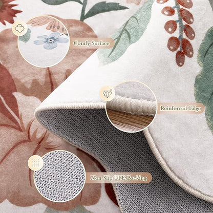Beeiva Living Room Area Rug 6 x 9 - Scalloped Floral Printed Boho Flower Rugs for Bedroom Playroom Soft Non Slip Large Aesthetic Carpet for Nursery Dorm Office(Beige,6x9ft)
