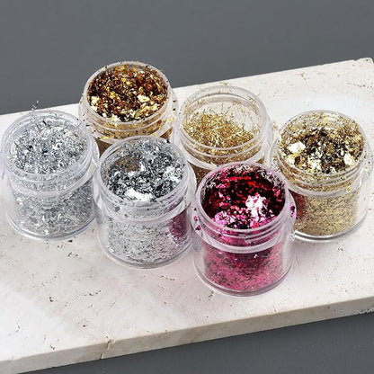 6 Bottles Holographic Nail Glitter Foils, Metallic Gold Silver Hot Pink Ultra-Thin Aluminum Foil Flakes for Nails, Resin Jewelry Making, Painting Art Nail Supplies DIY Manicure Charms Decorations