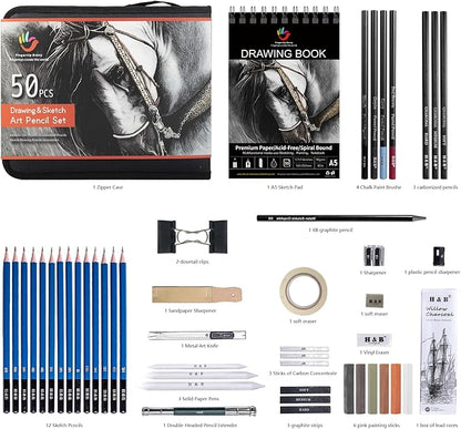 H & B 50 Pack Drawing Set Sketching Kit, Pro Art Supplies with 3-Color Sketchbook, Include Colored, Graphite, Charcoal, Watercolor & Metallic Pencil, for Artists Adults Beginner