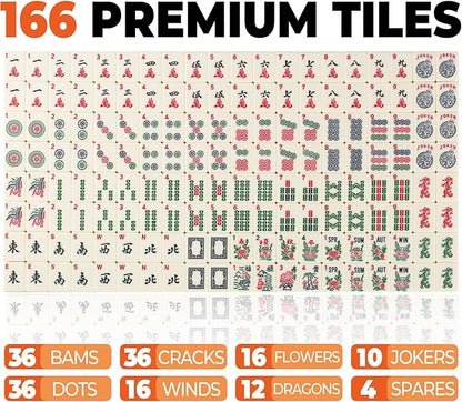 MUTEX American Mahjong Game Set, 166 Premium Mahjong Tile Set with Traveler Size Stylish Blue Carrying Bag, Western Mahjong Set with 4-Piece Walnut Wood Mahjong Racks/Pushers, Mahjong Ma Jong Set