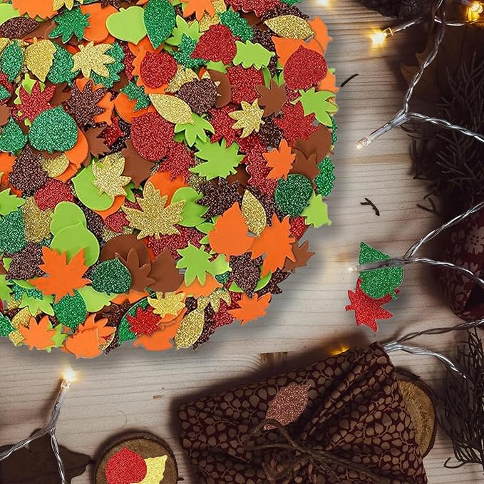 300Pcs Fall Foam Leaf Stickers, Autumn Glitter Maple Leaves Self Adhesive Foam Stickers Thanksgiving Party Favors DIY Crafts Decorations