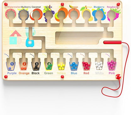 Magnetic Maze Board for Kids Age 3-5, Montessori Educational Wooden for All Toddlers 3 Busy Board, Preschool Learning Adventure, Fine Motor Skills, Fruits Colors Puzzle, Autism-Friendly Toy