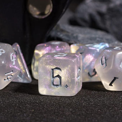 7-Die DND Dice Set Polyhedral Dice Set with Leather Bag D&D Dice Set for RPG Table Games (Transparent w/Glitter)