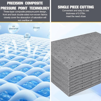 100PC Oil Absorbent Pads | 13"x10" Meltblown Polypropylene Mats, Hand-Tear Lines for Automotive & Workshop | Vacuum Eco-Packaging, Reusable Spill Control