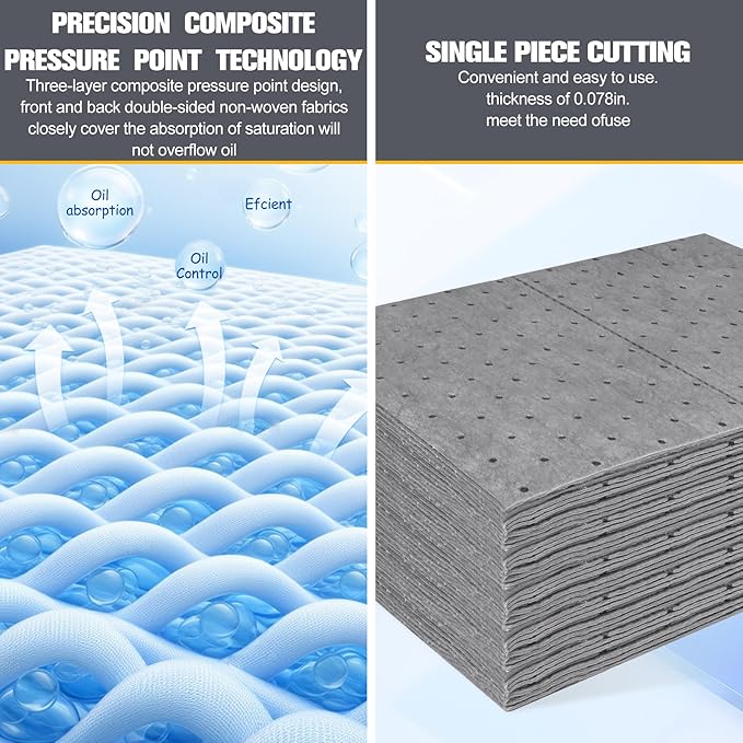 50PC Oil Absorbent Pads | 13"x10" Meltblown Polypropylene Mats, Hand-Tear Lines for Automotive & Workshop | Vacuum Eco-Packaging, Reusable Spill Control
