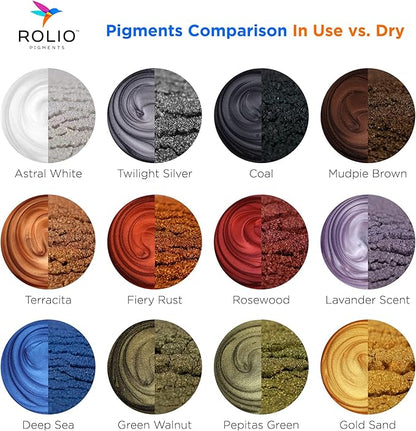 Rolio Mica Powder Pearlescent Color Pigment - Art Set for Resin Epoxy - for Soap Making, Nail Polish, Lip Gloss Set, Eye Shadow, Bath Bomb, Slime & Candle - 10g, 12 Jars - (Earth Colors)