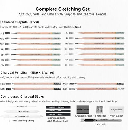 KALOUR 28 Pro Sketching Drawing Pencils Set – 14 Graphite Pencils (14B–5H), Charcoal Pencils, Erasers, Sharpener & Stumps – Complete Art Kit for Artists & Beginner