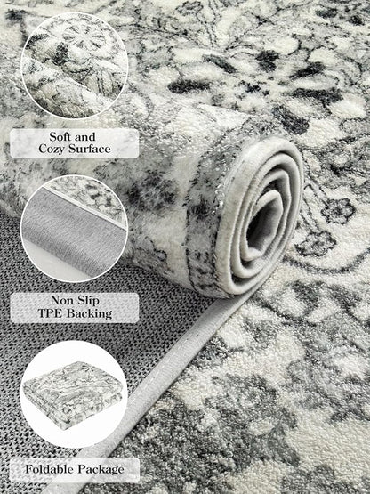 Lahome Bohemian Washable Round Rug, Large Round Rugs 6ft Non Slip Circle Rugs for Living Room, Soft Non Slip Non Shedding Printed Indoor Carpet for Dining Bedroom Kitchen Office, Beige