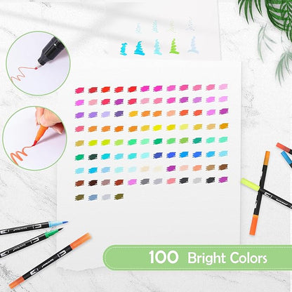 nauets 100 Colors Brush & Fine Dual Tip Watercolor Markers Set for Kids Adults Coloring Books No Bleeding Paint Pens For Drawing Note taking Planner Calligraphy Journaling Card Making Art Supplies