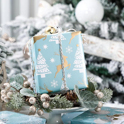 WRAPAHOLIC 30 Inch Christmas Wrapping Paper Roll - Jumbo Roll Blue and Silver Reindeer, Christmas Tree, Snowflake Holiday Design Printed on Pearlized Paper - 4 Rolls - 30 Inch x 120 Inch Per Roll