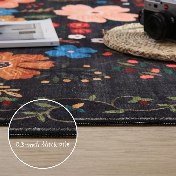 Rugcomf Bedroom Rug 3x5 Rug Washable Area Rug Non Slip Low Pile Boho Floral Small Carpet for Bedroom, Bedside, Kitchen, Entryway, Kids Room, Office, College Dorm Essentials for Girls(Black)