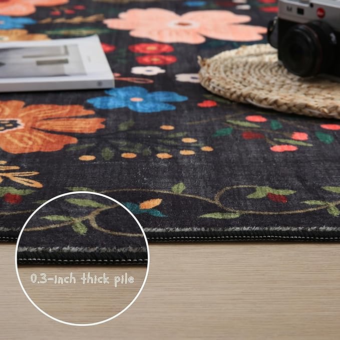 Rugcomf Area Rug 4x6 Rug Washable Boho Rugs Non Slip Low Pile Floral Small Carpet for Bedroom, Bedside, Kids Room, Office, Dining Room(Black)