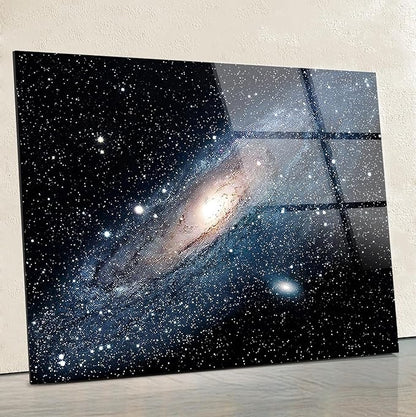 SpiritualHands Andromeda Space Galaxy Glass Wall Art Painting for Living Room, Tempered Glass Modern Prints Decor, Large Vivid Color Panel for Bedroom, Kitchen, or Office