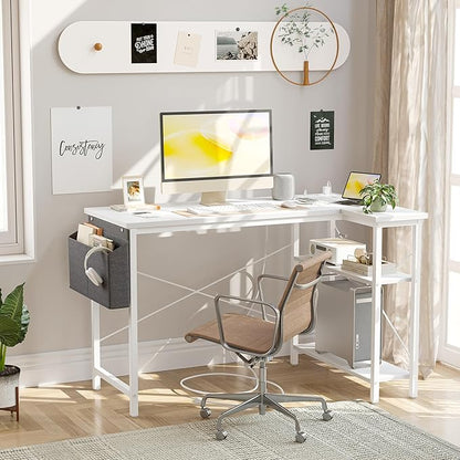 TIQLAB L Shaped Computer Desk with Power Outlets, 55 Inch Small Corner Desk with Reversible Shelves, Gaming Desk Computer Table Study Writing Desk for Home Office Small Space, White