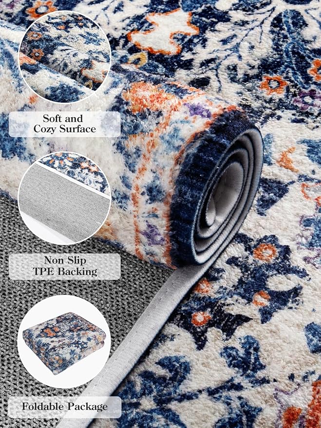 Lahome 2x6 Blue Washable Hallway Runner Rug, Bohemian Floral Medallion Kitchen Carpet Runner, Soft Non Skid Floor Runners for Bathroom Bedroom Vanity Office Sunroom