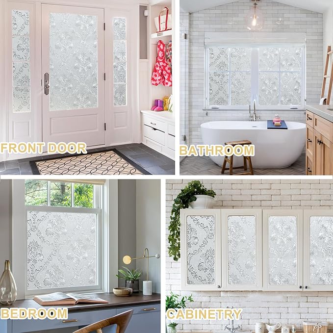 Window Privacy Film Decorative for Front Door, Bathroom Static Cling Stained Glass Sticker Opaque Heat Control UV Blocking Non-Adhesive for Home Windows 23.6y x 78.7 inches Damask