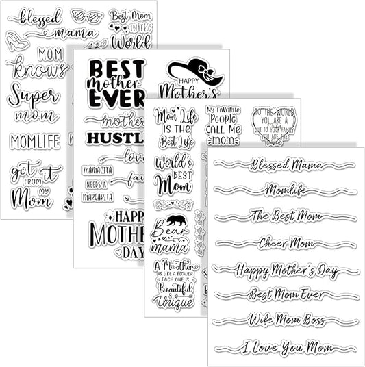 Whaline 4 Sheets Mother's Day Clear Stamps Greeting Words Silicone Transparent Stamps for DIY Craft Card Making Scrapbooking Embossing Album Decor