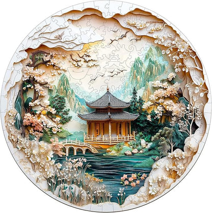 KAAYEE Wooden Puzzles for Adults, Chinese Landscape Painting Wooden Jigsaw Puzzle, 450 PCS Unique Shape Wood Puzzle Adult, 3D Visual Effect Flat Puzzle Birthday Family Games (XL-17.3 * 17.3in)