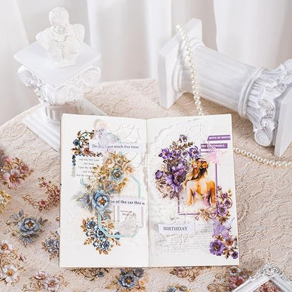 6PCS Baroque Flower PET Tape Set, Vintage Floral Pre-Cut Tapes for Journaling, Scrapbooking, and Junk Journal Ephemera, with Decorative Clip