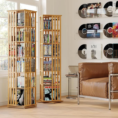 XIMN 360° Rotating Bamboo CD/DVD Shelf - 6-Tier Space-Saving Media Storage Cabinet for Movies, Organizer with Super Compact Design